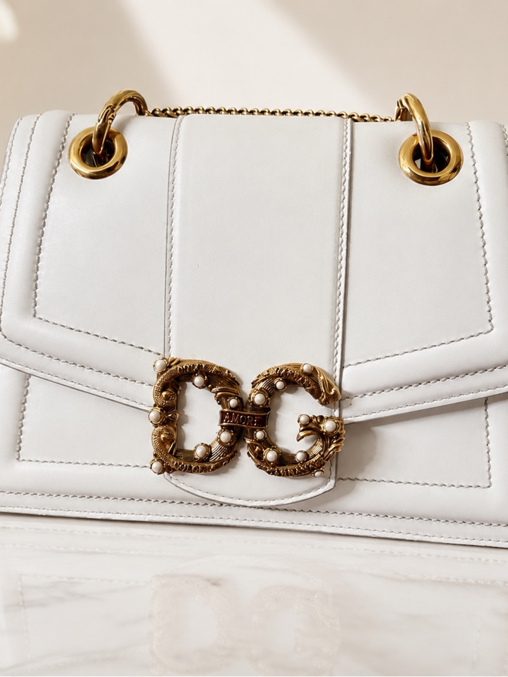 Dolce & Gabbana White Leather Shoulder Bag with Gold Hardware